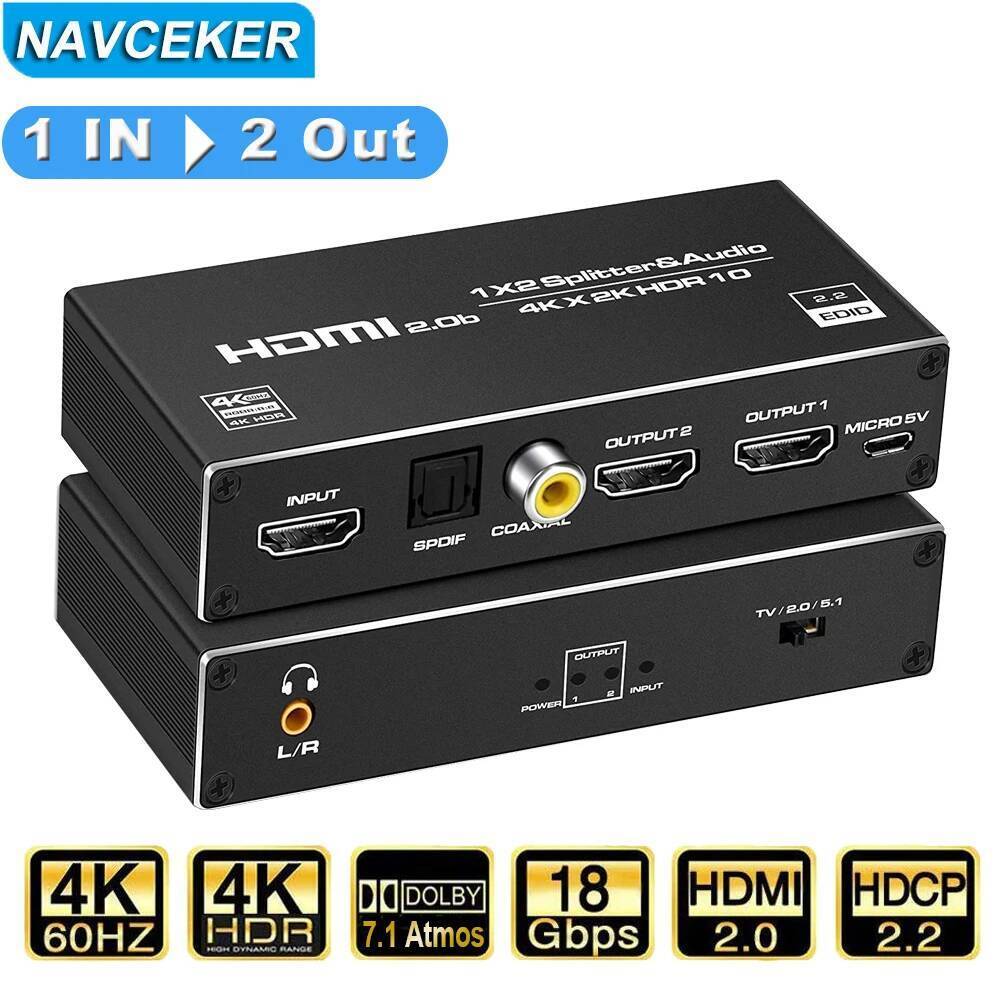 Navceker HDMI Splitter 1x2 4K HDMI Splitter Audio Extractor 1 ใน 2 ออกพอร์ตสาย HDMI Splitter HDMI Am