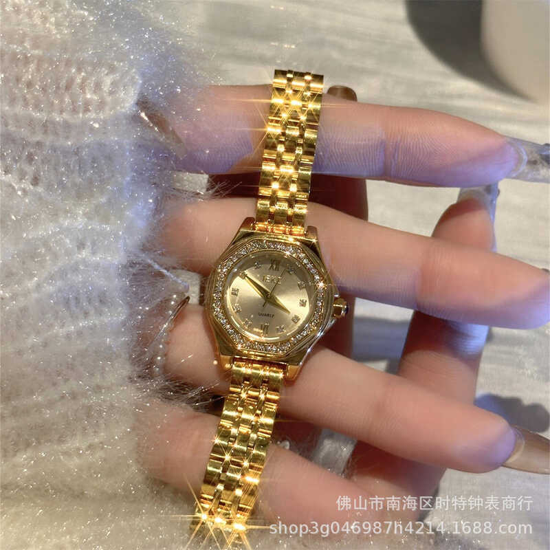 IEKE Square Round Steel Band Small Gold Watch Temperament Watch Women Style Diamond-studded Gypsophi