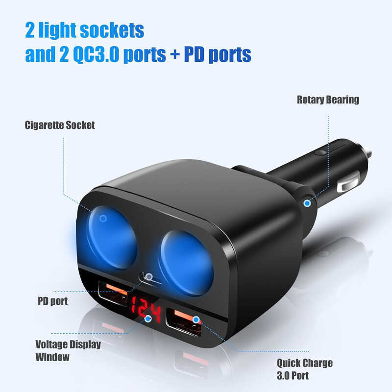 เครื่องชาร์จในรถยนต์ขนาด 120W หนึ่งสําหรับสองอันพร้อมจอแสดงผลดิจิตอล PD30W ชาร์จเร็ว