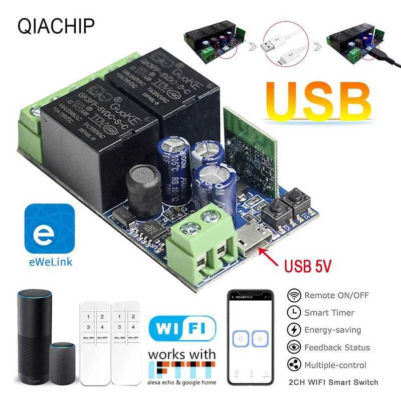 WiFi สวิตช์อัจฉริยะ QIACHIP 10A DC 7-48V USB 5V 2 CH 2.4G RC พร้อมแอป eWelink เหมาะสำหรับมอเตอร์ม่าน