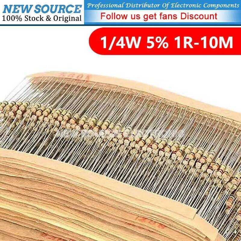 ชิ้น/ล็อต 100 ตัวต้านทานฟิล์มคาร์บอน 1/4W 5% 1R-10M 0R 10R 22R 47R 100R 220R 470R 1K 3.3K 10K 47K 10