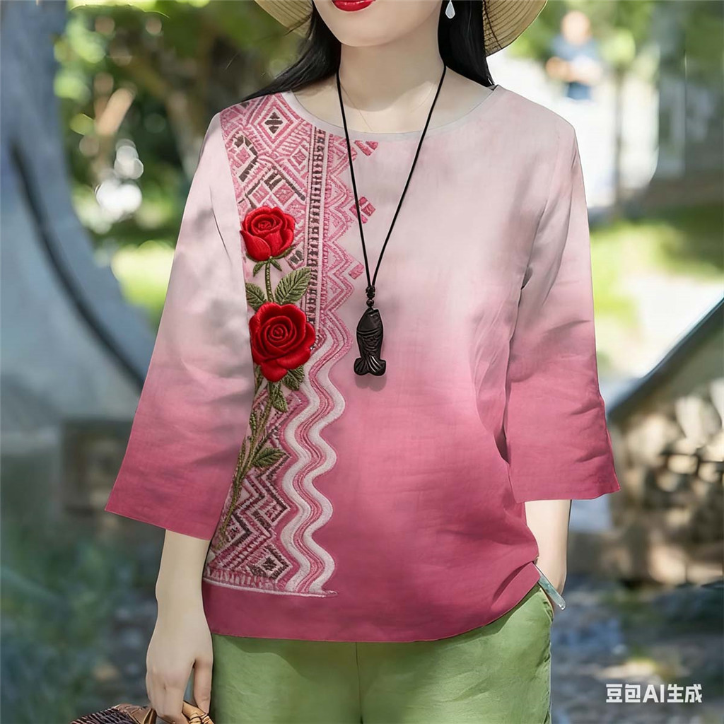 เสื้อยืดลายดอกไม้แขนยาว 3/4 สำหรับผู้หญิง ไซส์ใหญ่ใส่สบาย