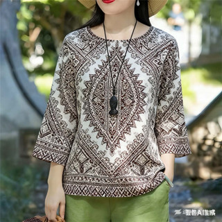 เสื้อยืดลายดอกไม้สำหรับผู้หญิง สไตล์แขนสามส่วน ใส่สบาย เหมาะ…