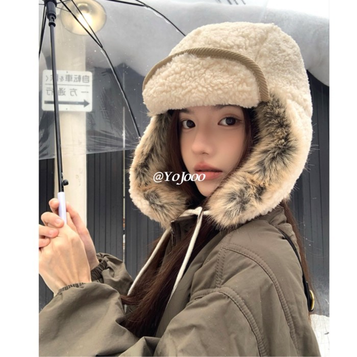 หมวกขนแกะสไตล์ญี่ปุ่นย้อนยุค สำหรับกิจกรรมกลางแจ้งในฤดูหนาว เช่น สกี ให้ความอบอุ่นและปกป้องหู