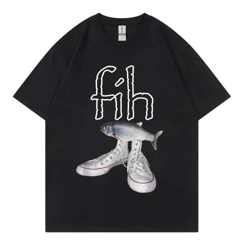 สไตล์ใหม่ ตลก ขายดี เสื้อยืดกราฟิก Fih Shoes ปลาสะกดผิด Meme สำหรับผู้ชายและผู้หญิง แฟชั่นสบายๆ แขนส