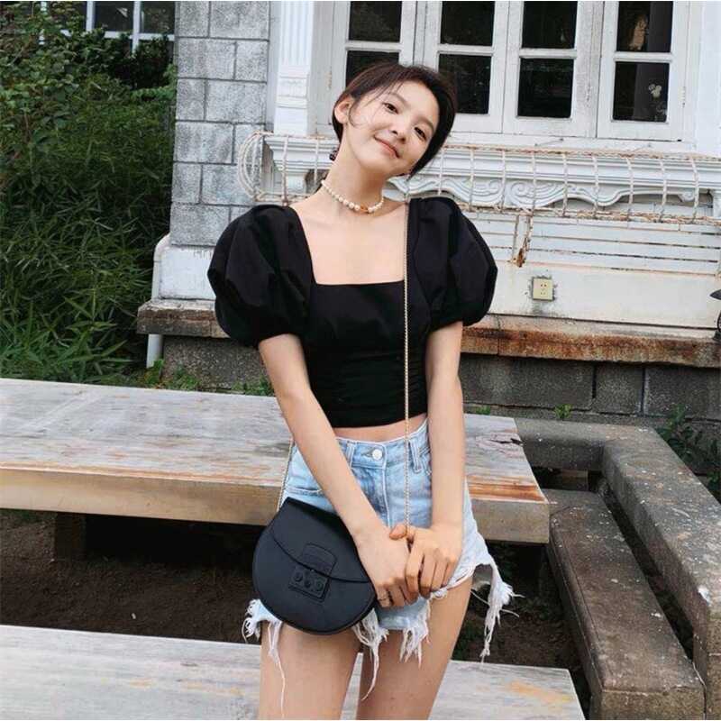 Zhang Ruonan สีดําสแควร์คอพัฟแขนสั้นฝรั่งเศสหวานสะดือเอวสูงออกแบบ Slimmer ดูขนาดเล็กด้านบน