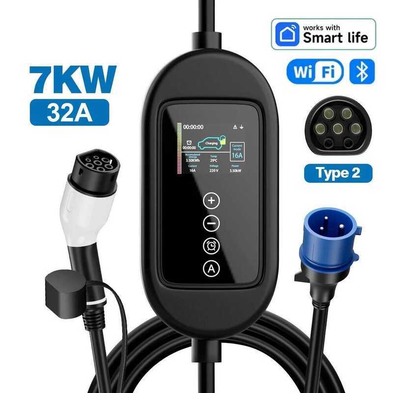 7KW 32A Type2 ปลั๊ก CEE แบบพกพา 10M 5M สำหรับรถยนต์ไฟฟ้า 1 เฟส 90~290V เครื่องชาร์จรถยนต์ EV Wi-Fi B