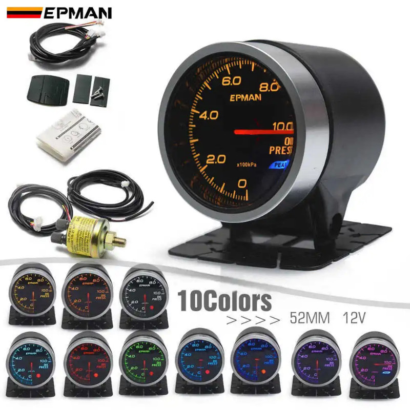 EPMAN 2" 52mm Smoke Car Auto Digital Multicolour Oil Press Gauge 0BAR-10BAR Oil Pressure Meter+ Pod