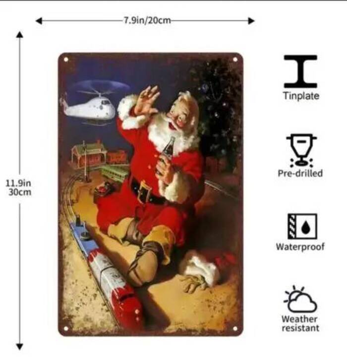 CHRISTMAS COCA-COLA? ป้ายโลหะ TIN SANTA CLAUSE PLAYING พร้อมชุดอุปกรณ์ป้าย WALL ART