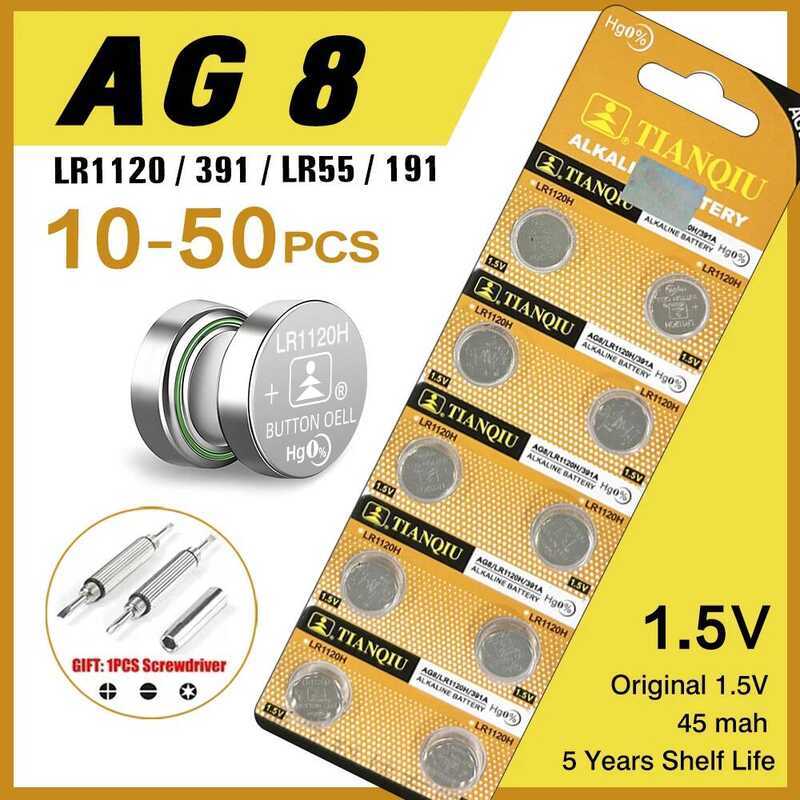 TIANQIU แบตเตอรี่นาฬิกา AG8 1.5V Li-ion แบตเตอรี่เซลล์แบบปุ่ม LR1120 391 SR1120 191 LR55 ของเล่น รีโ