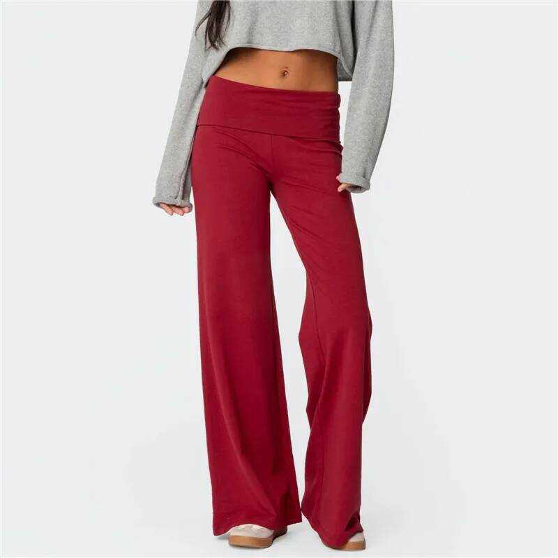 กางเกงขาบานเอวต่ำ ขาวยืดโยคะสำหรับผู้หญิง กางเกงวอร์ม Y2k สีพื้น ยืดหยุ่น หลวม สำหรับออกกำลังกายและพ