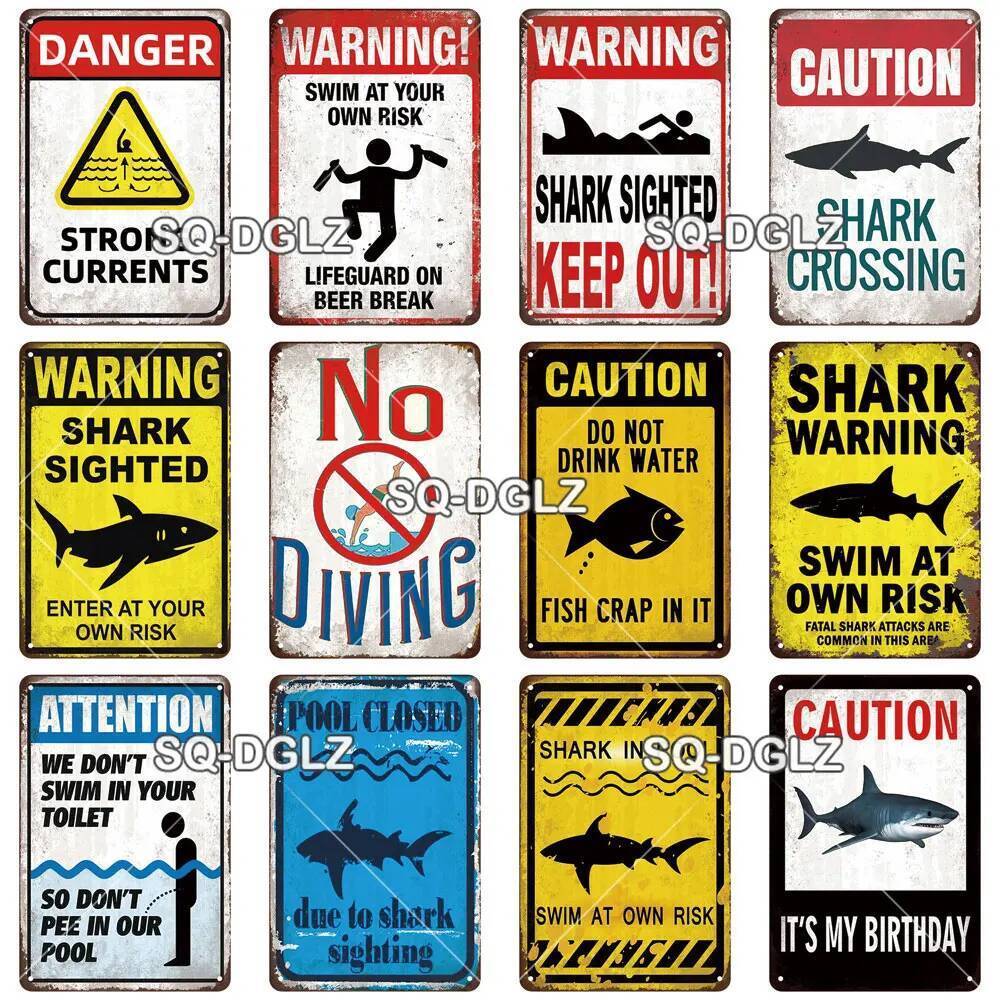 [SQ-DGLZ]No โปสเตอร์ดําน้ําป้ายโลหะ Shark Vintage Plaque ป้ายดีบุกแผ่น Wall Room Decor สําหรับ Bar C