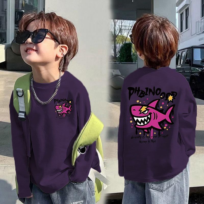 พร้อมสต็อกเสื้อเชิ้ตแขนยาวพิมพ์ลายเด็กผู้ชายฤดูใบไม้ร่วงสไตล์เกาหลีแฟชั่นลําลองชั้นฐานผ้าฝ้ายแท้