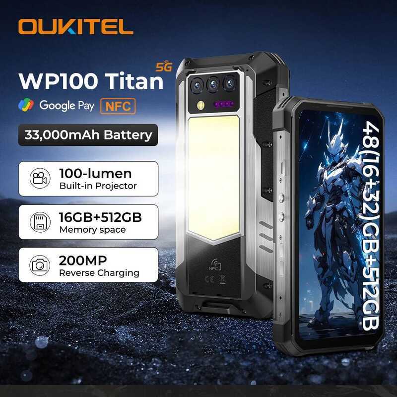 Oukitel WP100 Titan สีแดง แบตเตอรี่ 33000mAh ชาร์จไว 66W กล้อง 200MP กันน้ำ พร้อมโปรเจคเตอร์และไฟcam
