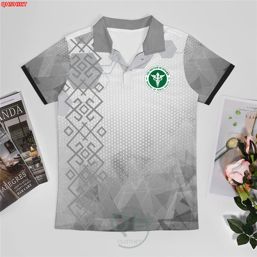 เสื้อโปโล พิมพ์ลาย ทรงผู้ชาย ทรงผู้หญิงสีเทา( สาธารณสุข สพฐ อปท มหาดไทย อสม สำนักงานคณะกรรมการการศึกษาพื้นฐาน ราอาสาสมัครสาธารณสุขประจำหมู่บ้าน)N20