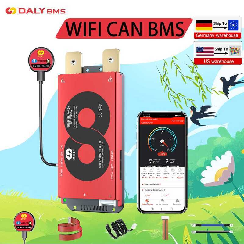 WiFi โมดูล DALYBMS 4S 8S 16S 100A 200A พร้อมการสื่อสาร CAN RS485 สำหรับแบตเตอรี่ LFP LI-ION ESS ระบบ