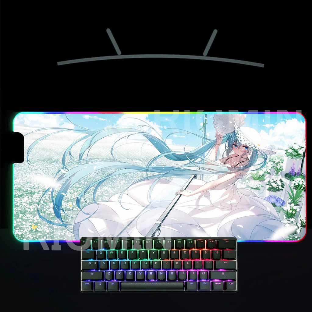 Hatsune Miku RGB Pc Gamer คีย์บอร์ดแผ่นรองเมาส์ Backlight LED เรืองแสง Mousepad ยางคอมพิวเตอร์สําหรั