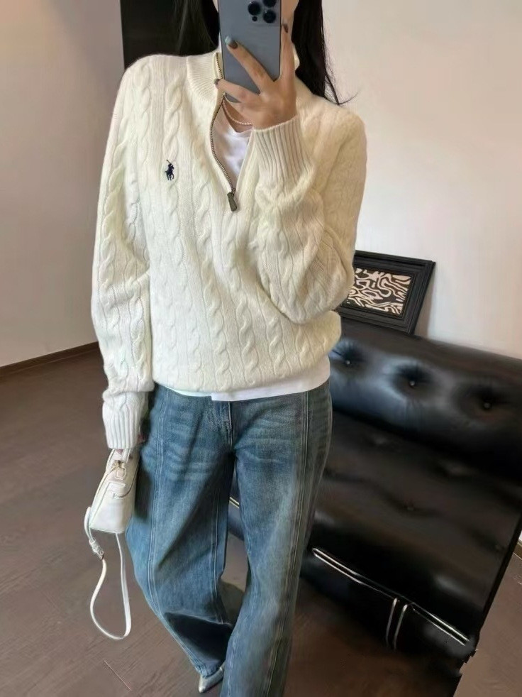 Ralph Lauren เสื้อกันหนาวถักหลวม half-zip ดีไซน์อเนกประสงค์สำหรับทั้งผู้ชายและผู้หญิง