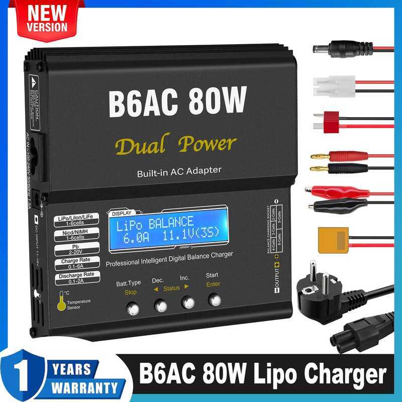 AC ที่ชาร์จแบตเตอรี่ RC 80W B6AC 6A พร้อมหน้าจอ LCD ดิจิตอล สำหรับแบตเตอรี่ Li-ion LiFe Nimh Nicd PB