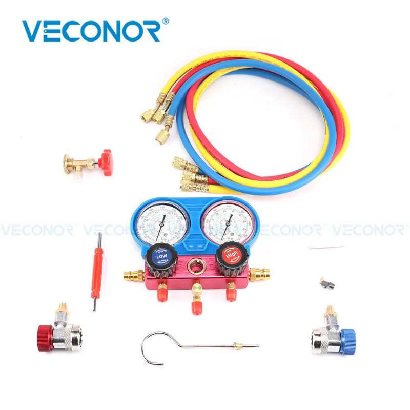 A/C Air Conditioning Refrigerant Manifold Pressure Gauge Hose Manifold Gauge Set with Hose Kit Adap