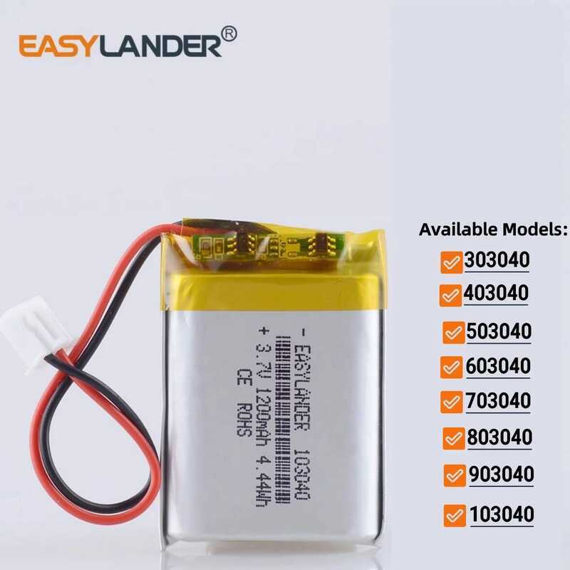 3.7V แบตเตอรี่ลิเธียมไอออนโพลีเมอร์ 1200mAh 103040 JST2.54 2Pin 303040 403040 503040 603040 703040 8