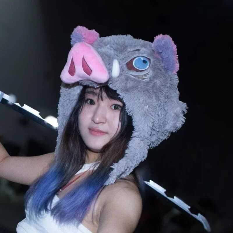 C Cute F Wild Boar Head Plush Hat Demon Slayer Hashibira Inosuke Warm Hat Cosplay Prop Winter Headg