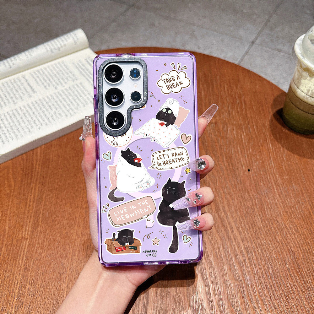 สีไร้สายชาร์จแม่เหล็กสําหรับ Galaxy S23ULTRA S24ULTRA S25 ULTRA ฝาครอบน่ารักการ์ตูนแมวสีดําน้อย A55 A56 ซิลิโคนนุ่มกันชนกันกระแทก - รูปที่ 3