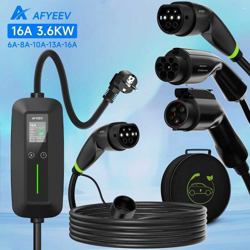 AFYEEV ที่ชาร์จรถยนต์ไฟฟ้า 3.6KW 16A Type2 IEC62196-2 EV แบบพกพา Type1 SAE J1772 สายชาร์จ GB/T EVSE