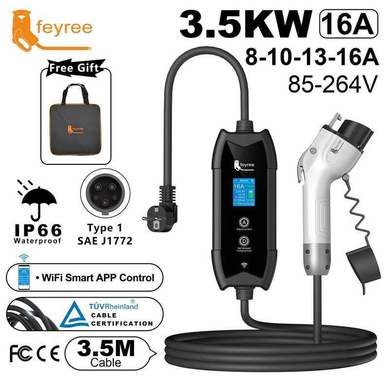 Feyree ที่ชาร์จพกพา Type1 สายยาว 3.5 เมตร พร้อมควบคุมผ่านแอป WIFI 16A 3.5kW ตั้งเวลาการชาร์จและหน่วง