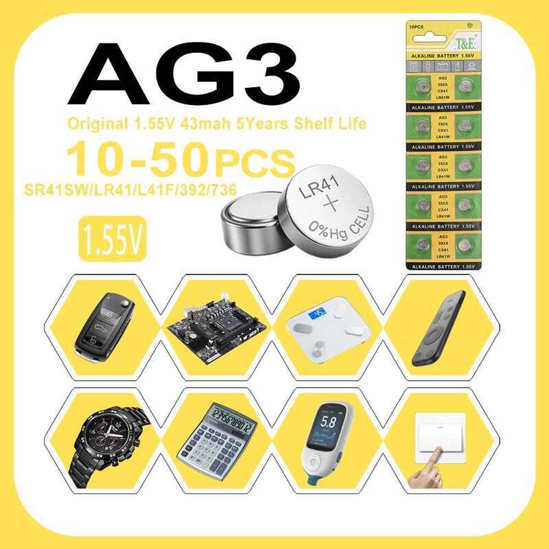 ชิ้น 10-50 1.55V AG3 LR41 แบตเตอรี่ปุ่ม SR41 392 192 แบตเตอรี่อัลคาไลน์ทรงกลม L736 384 SR41SW CX41 ส