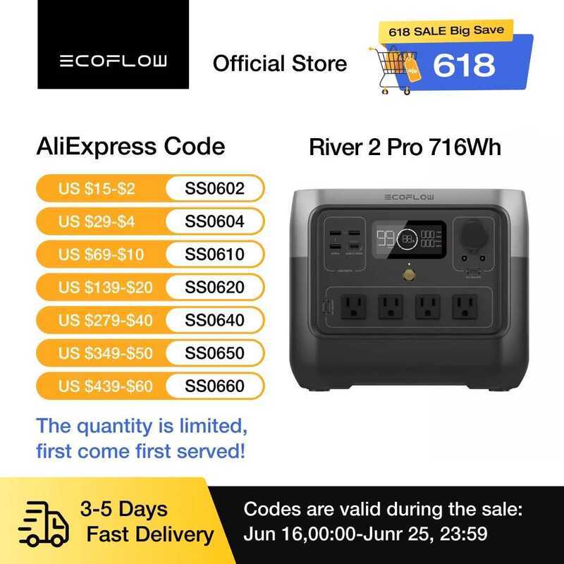 ECOFLOW แบตเตอรี่ RIVER 2 Pro 700, 716Wh LiFePO4, เต้ารับ AC 4x800W 1600W, เครื่องกำเนิดไฟฟ้าพลังงาน