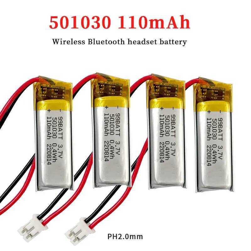 501030 แบตเตอรี่ 110mAh 3.7V 601030 501230 แบตเตอรี่ลิเธียมโพลิเมอร์แบบชาร์จได้สำหรับหูฟังบลูทูธไร้ส