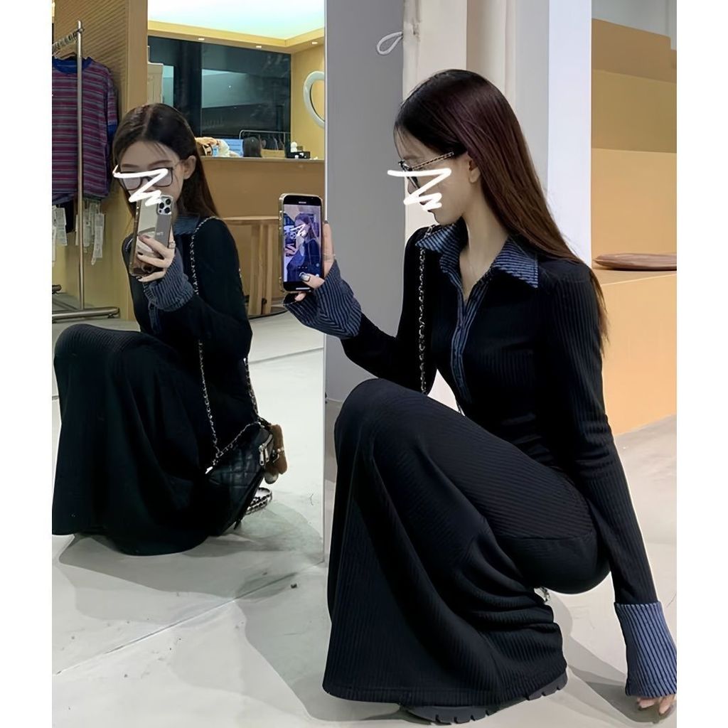 ชุดเดรสทักซิโด้โปโลสีดำ กระโปรงทรง A-line ยาว - รูปที่ 3