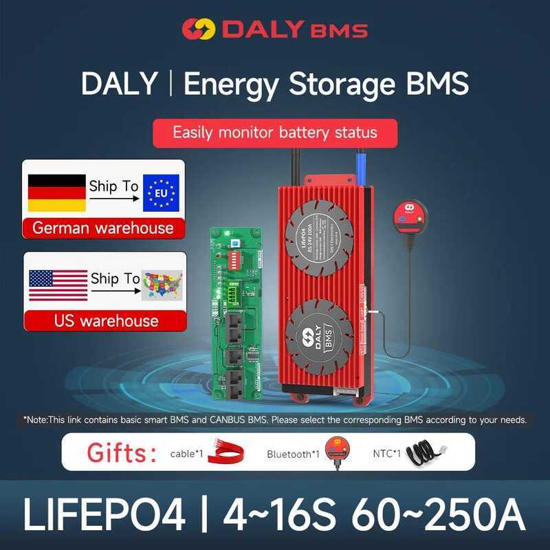 Daly แบตเตอรี่ Smart Fan 150A BMS Lifepo4 4s 12v 8s 24V 16s 48V 100A 200A 250A 18650 จัดส่งภายใน 5 ว
