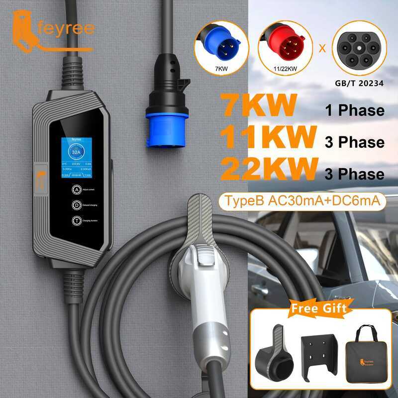 Feyree ที่ชาร์จรถยนต์ไฟฟ้า ปลั๊ก GBT 7KW 32A 1P สายเคเบิล 5M 22KW 11KW 3P ชาร์จเร็วสำหรับรถยนต์ไฟฟ้า