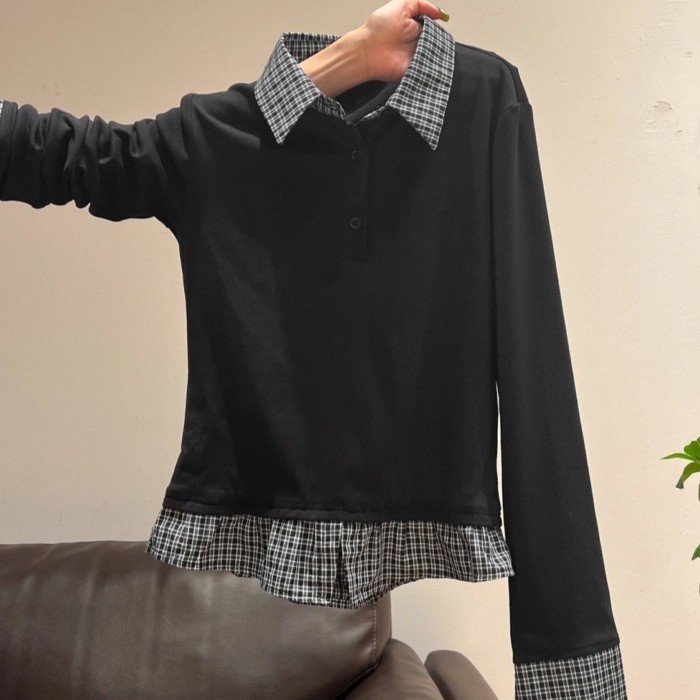 เสื้อโปโลลายสก๊อตแขนยาวสำหรับผู้หญิง สไตล์โมเดิร์น พร้อมปุ่มด้านบน – โปรปัง