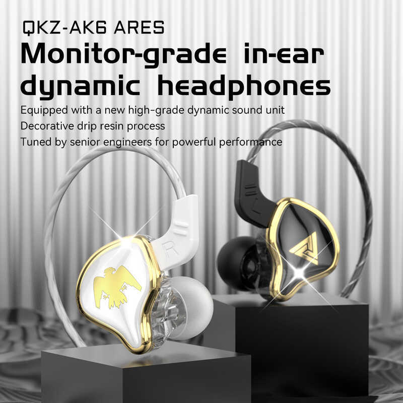 หูฟังอินเอียร์ QKZ AK6 Ares ควบคุมสายไฟพร้อมหูฟังไฮไฟในหูสําหรับเล่นกีฬาข้าวสาลี