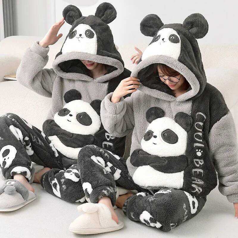 C Winter Women Pajamas Warm Flannel Hooded Pajamas Sets Couple Sleepwear Pijama Lover Night Men & W