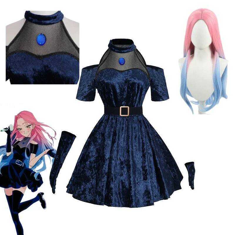 C Mizi Cosplay Anime Alien Stage Costume Wig Dark Blue Dress Pink Blue Long Hair Gloves Stockings B