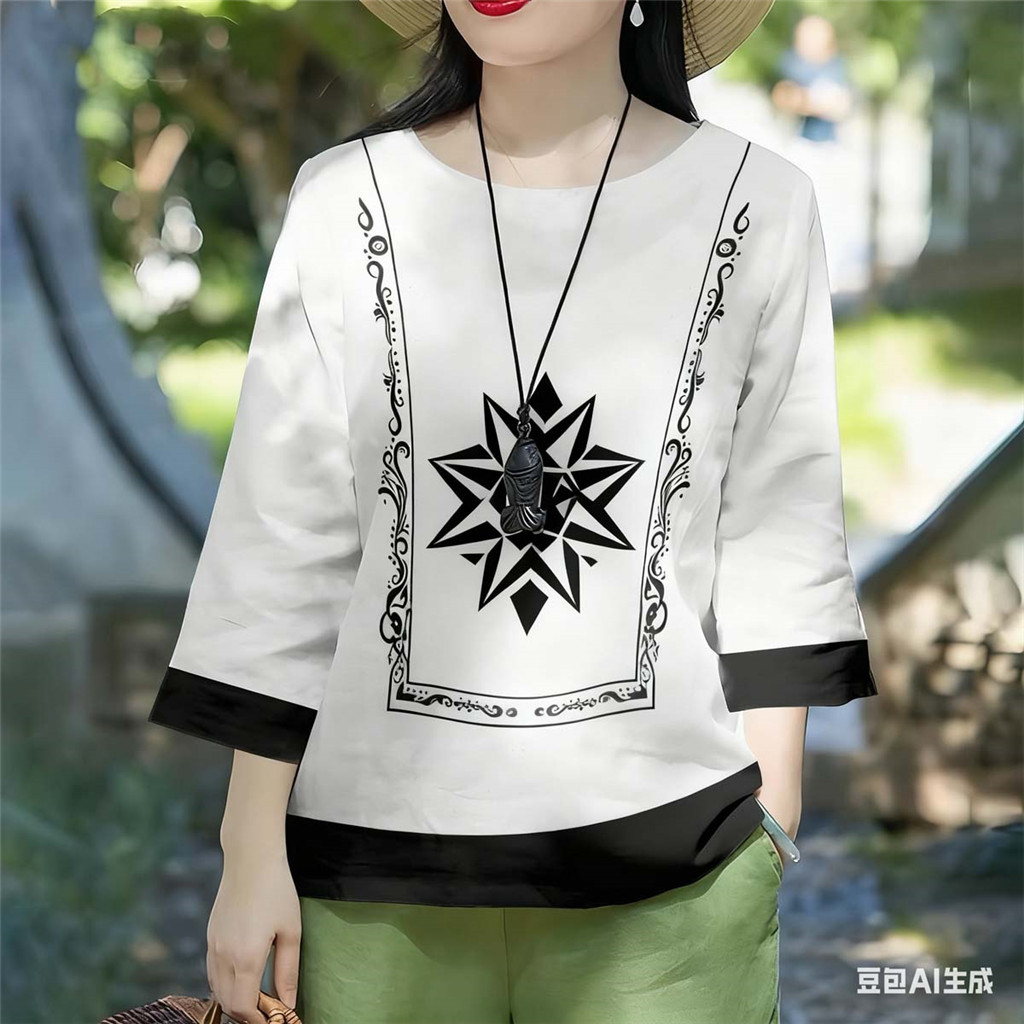 ผู้หญิงบาร์งเสื้อยืดสําหรับผู้หญิง เสื้อผ้าดอกไม้พิมพ์เสื้อยืดท็อปส์3/4ยาวเสื้อยืดขนาดใหญ่แขนยาวเสื้อทีสบายๆ09ข