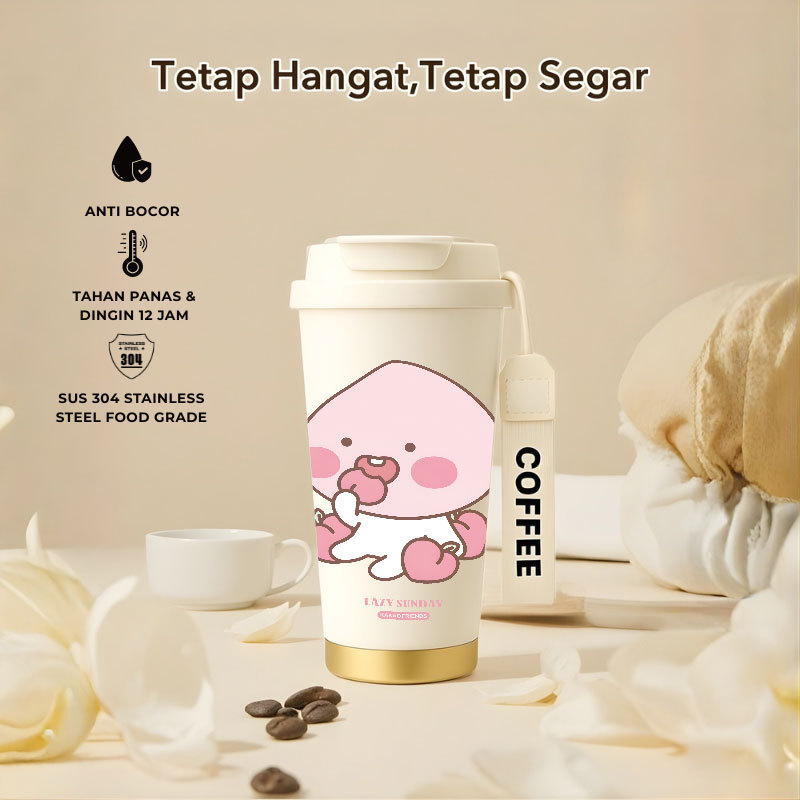 แก้วน้ําน่ารัก Apeach Kakao Friends 500ml SUS 304 Anti-Leak 100% Hot & Cold 12 Hours Folding Straw & Direct Drink BPA Free man for Coffee & Hot Drink Food Grade Safe Portable Aesthetic Cup for Daily Use / Gift ถ้วยLXSP1333
