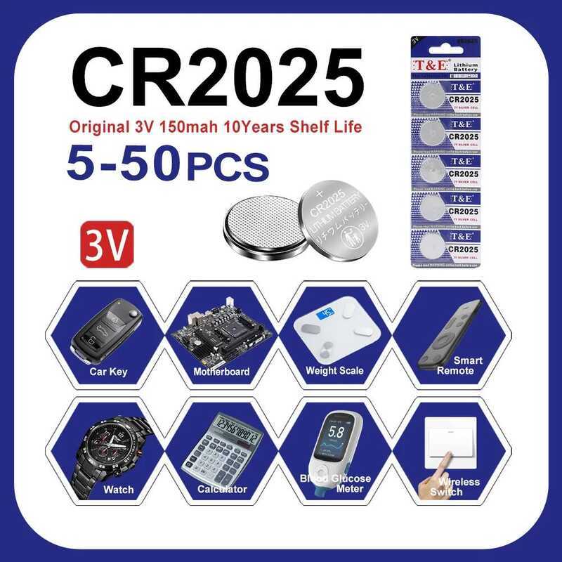 ชิ้น 5-50 CR2025 CR 2025 แบตเตอรี่ลิเธียม 3V DL2025 BR2025 KCR2025 สำหรับรีโมทรถยนต์ นาฬิกา บอร์ดแม่