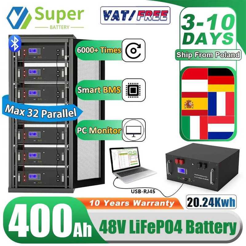LiFePO4 แบตเตอรี่ 48V 400Ah 20Kwh 6500 รอบ 51.2V 100Ah 120Ah 150Ah 200Ah 300Ah 600Ah ลิเธียมสำหรับเก