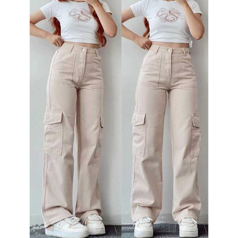 Y2K ใหม่ กางเกงคาร์โก้ผู้หญิงสไตล์วินเทจ สตรีทแวร์ เทคแวร์ กางเกงพาราชูตเกาหลี สีเบจ กางเกงวอร์ม กาง