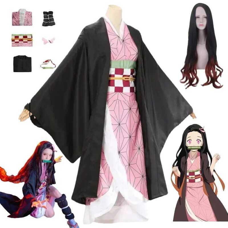 C Kamado Nezuko Cosplay Kostuum Anime Kimono Kamado Nezuko Pruik Uniform Halloween Vrouwen Kinderkl