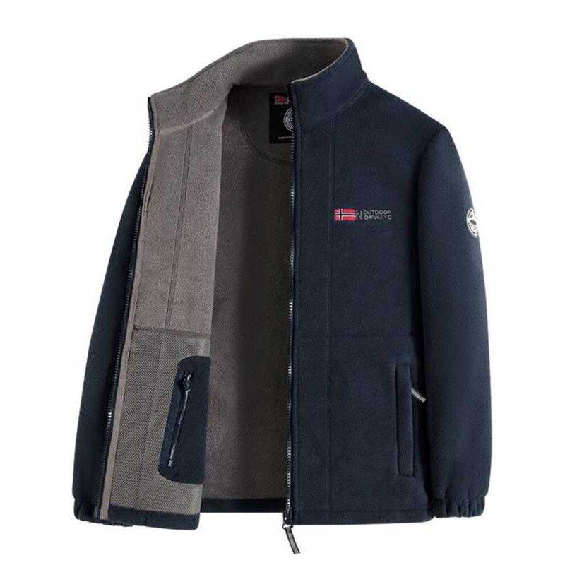 "Outdoor แจ็คเก็ตซิปขนแกะสีน้ำเงินเข้มพร้อมธงชาตินอร์เวย์และปักคำว่า Norway" "Outdoor Norway"