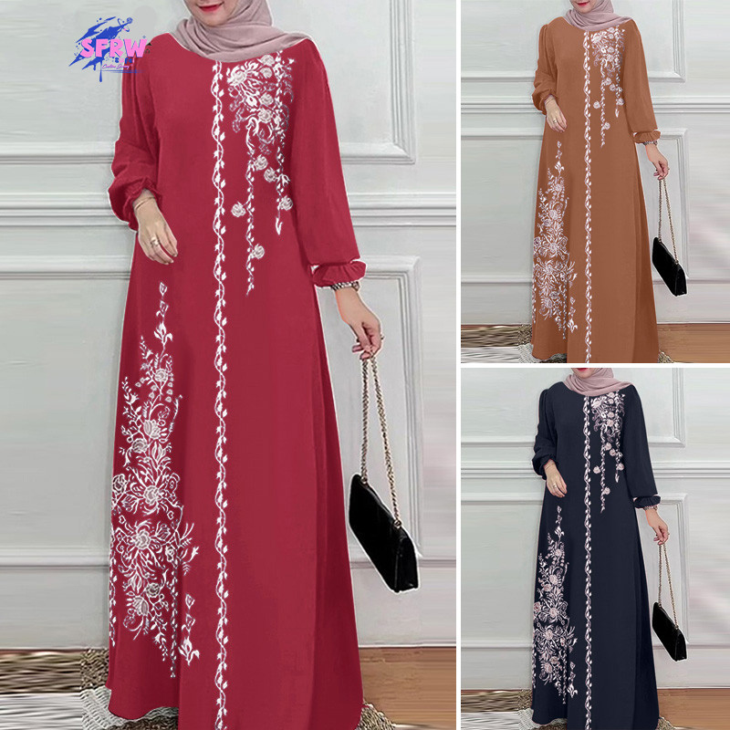 2025 เครื่องแต่งกายของสตรีมุสลิม Eid al-Fitr: เดรสยาวทรงเอโคมไฟพิมพ์ลายดอกไม้คอกลม เสื้อผ้า Diwali
