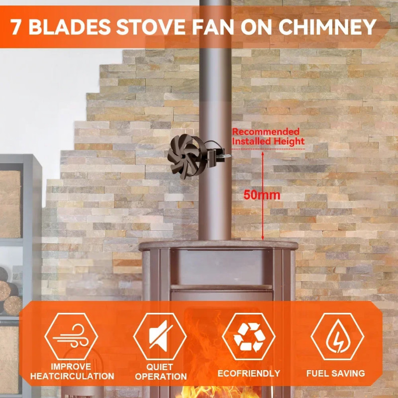 7 Blades Black Fireplace Fan Multifunction Log Wood Burner Ecological Efficient Home Heat Distribut