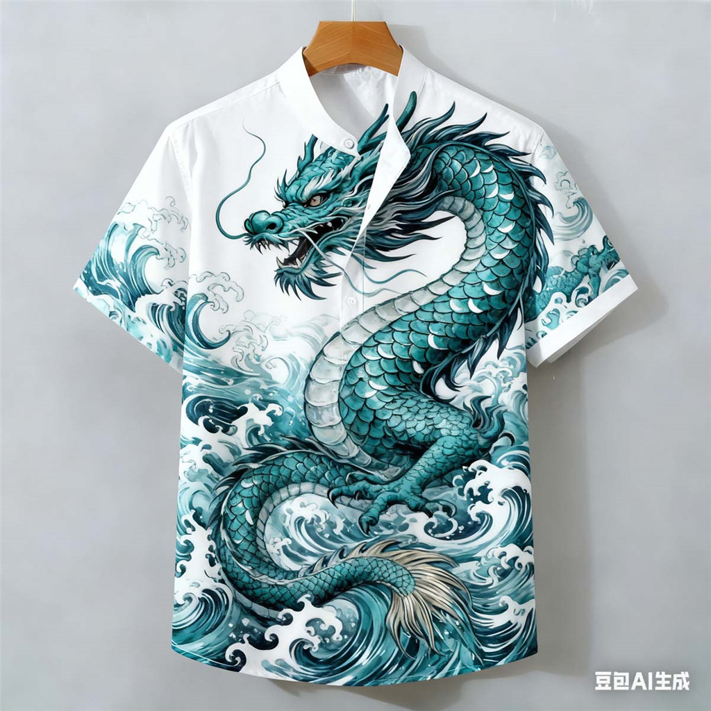 เสื้อโปโลผู้ชายลายมังกร สไตล์วินเทจอาเซียน สําหรับกลางแจ้งและสตรีทแวร์