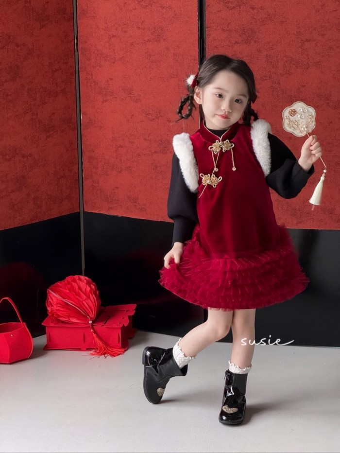 สาวตะวันตกกระโปรงกํามะหยี่สีแดงเด็กสาวบวกกํามะหยี่ชุดเจ้าหญิงชุดปีใหม่ชุดเสื้อกั๊กชุด2893